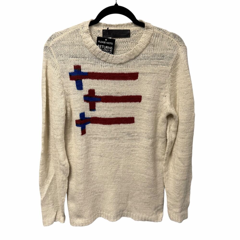 NWT The Elder Statesman Pure Cashmere Crewneck Sweater Cream Red Blue Small